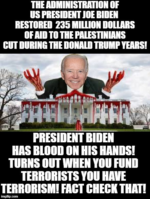 Biden has blood on his hands! He gave money to terrorists! | image tagged in terrorism,terrorists,joe biden,stupid liberals,morons,idiots | made w/ Imgflip meme maker