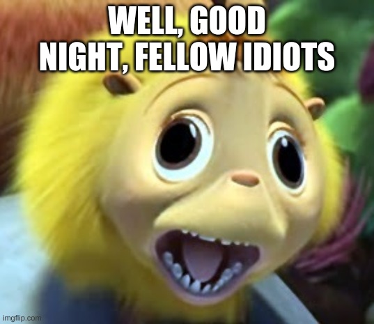 Katie | WELL, GOOD NIGHT, FELLOW IDIOTS | image tagged in katie | made w/ Imgflip meme maker