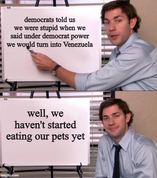 Jim Halpert Explains | democrats told us we were stupid when we said under democrat power we would turn into Venezuela; well, we haven't started eating our pets yet | image tagged in jim halpert explains | made w/ Imgflip meme maker