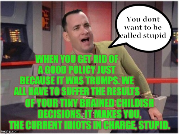 Im in The Space Force | You dont want to be called stupid; WHEN YOU GET RID OF A GOOD POLICY JUST BECAUSE IT WAS TRUMPS. WE ALL HAVE TO SUFFER THE RESULTS; OF YOUR TINY BRAINED CHILDISH DECISIONS. IT MAKES YOU, THE CURRENT IDIOTS IN CHARGE, STUPID. | image tagged in capt forrest kirk,they dont be like that when they think with their hearts | made w/ Imgflip meme maker