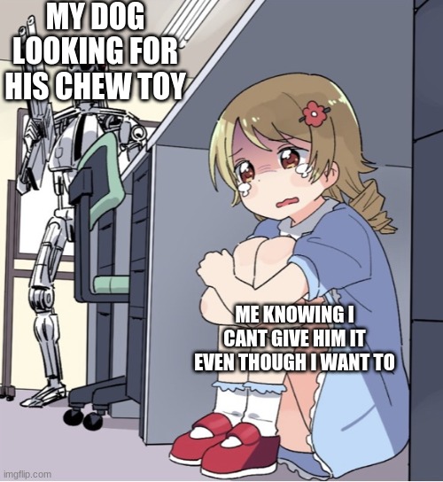 Anime Girl Hiding from Terminator | MY DOG LOOKING FOR HIS CHEW TOY; ME KNOWING I CANT GIVE HIM IT EVEN THOUGH I WANT TO | image tagged in anime girl hiding from terminator | made w/ Imgflip meme maker