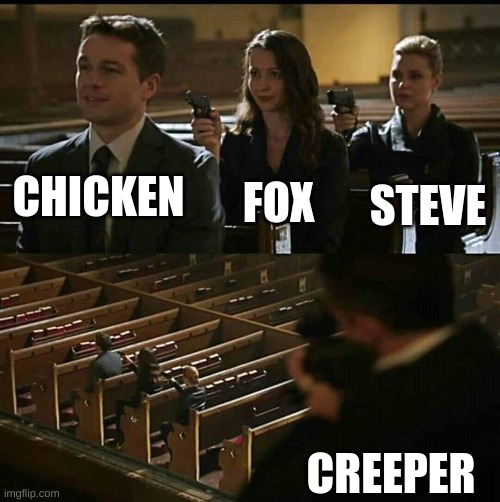 Trophic levels | FOX; CHICKEN; STEVE; CREEPER | image tagged in church gun | made w/ Imgflip meme maker