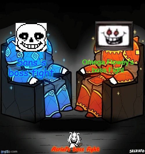 Add creative title | Omega Flowey's boss Fight; Sans's boss fight; Asriel's boss fight | image tagged in srgrafo 152,undertale,boss fights,sans,omega flowey,asriel dreemurr | made w/ Imgflip meme maker