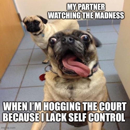Pickleball partners | MY PARTNER WATCHING THE MADNESS; WHEN I’M HOGGING THE COURT BECAUSE I LACK SELF CONTROL | image tagged in excited dog | made w/ Imgflip meme maker