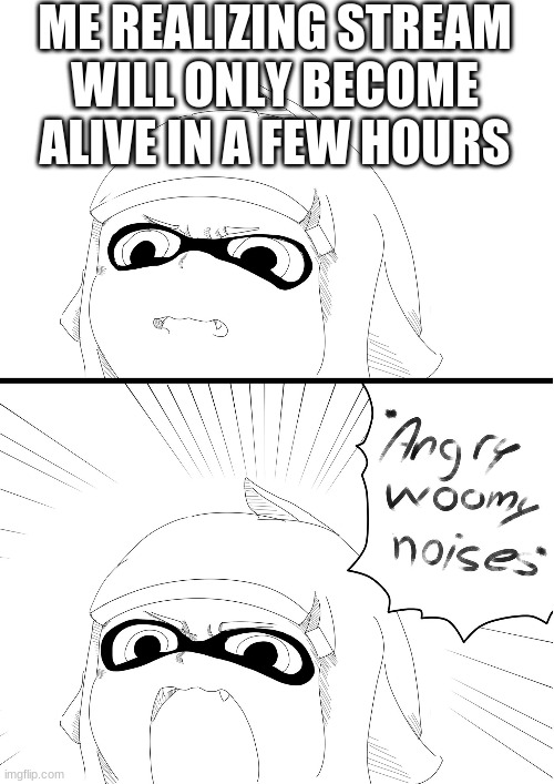 angry woomy noises | ME REALIZING STREAM WILL ONLY BECOME ALIVE IN A FEW HOURS | image tagged in angry woomy noises | made w/ Imgflip meme maker