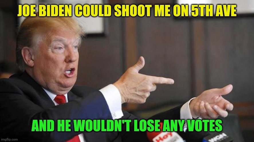 Trump Shoots | JOE BIDEN COULD SHOOT ME ON 5TH AVE; AND HE WOULDN'T LOSE ANY VOTES | image tagged in trump shoots | made w/ Imgflip meme maker
