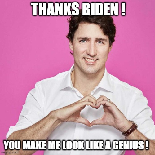 Trudeau | THANKS BIDEN ! YOU MAKE ME LOOK LIKE A GENIUS ! | image tagged in trudeau | made w/ Imgflip meme maker