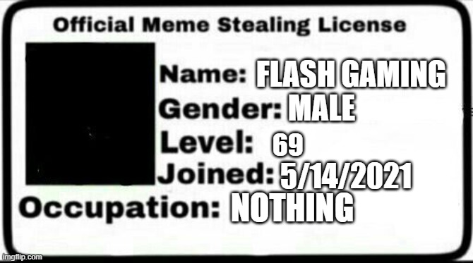 Meme Stealing License | FLASH GAMING; MALE; 69; 5/14/2021; NOTHING | image tagged in meme stealing license | made w/ Imgflip meme maker