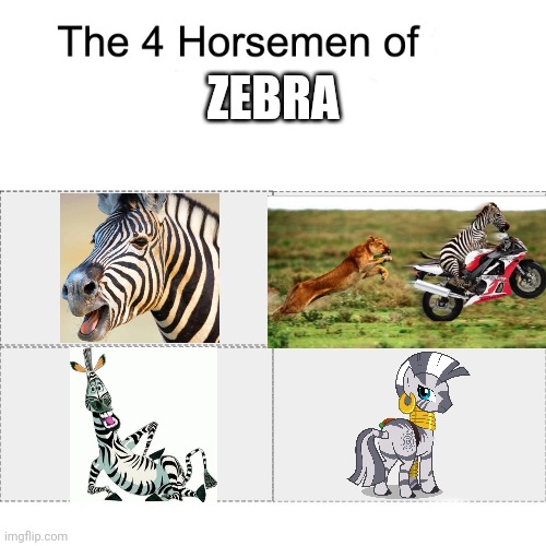 Four horsemen | ZEBRA | image tagged in four horsemen,blank comic panel 2x2,memes,relatable,zebra,the four horsemen of | made w/ Imgflip meme maker