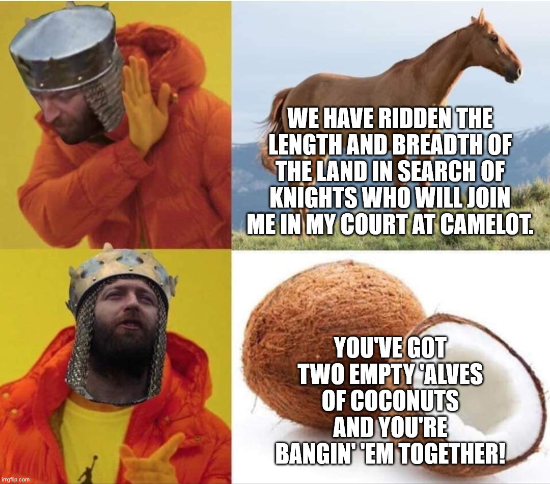 WE HAVE RIDDEN THE LENGTH AND BREADTH OF THE LAND IN SEARCH OF KNIGHTS WHO WILL JOIN ME IN MY COURT AT CAMELOT. YOU'VE GOT TWO EMPTY 'ALVES OF COCONUTS AND YOU'RE BANGIN' 'EM TOGETHER! | image tagged in monty python and the holy grail,coconut | made w/ Imgflip meme maker