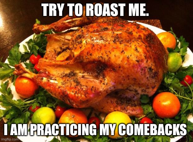 I am practicing my comebacks | TRY TO ROAST ME. I AM PRACTICING MY COMEBACKS | image tagged in roasted turkey,roast,me,roast me,antismemes,lel | made w/ Imgflip meme maker