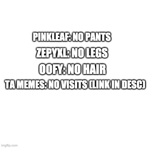 Im back after 2 weeks!!!!! | PINKLEAF: NO PANTS; ZEPYXL: NO LEGS; OOFY: NO HAIR; TA MEMES: NO VISITS (LINK IN DESC) | image tagged in memes,blank transparent square | made w/ Imgflip meme maker