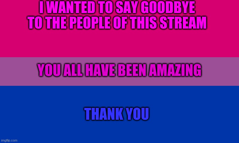Farewell | I WANTED TO SAY GOODBYE TO THE PEOPLE OF THIS STREAM; YOU ALL HAVE BEEN AMAZING; THANK YOU | image tagged in bi flag,goodbye,everyone | made w/ Imgflip meme maker