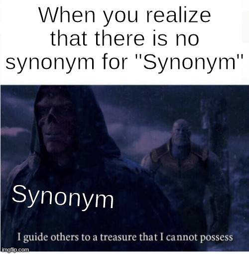 You ever realize how weird synonym is spelled? | When you realize that there is no synonym for "Synonym"; Synonym | image tagged in i guide others to a treasure i cannot possess | made w/ Imgflip meme maker