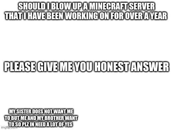 boom boom | SHOULD I BLOW UP A MINECRAFT SERVER THAT I HAVE BEEN WORKING ON FOR OVER A YEAR; PLEASE GIVE ME YOU HONEST ANSWER; MY SISTER DOES NOT WANT ME TO BUT ME AND MY BROTHER WANT TO SO PLZ IN NEED A LOT OF YES | image tagged in blank white template | made w/ Imgflip meme maker