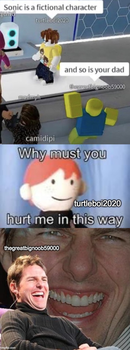 I dont care where your from but yikes thats gotta hurt- | turtleboi2020; thegreatbignoob59000 | image tagged in and so is your dad,why must you hurt me in this way,tom cruise laugh,memes,funny,humor switch activated | made w/ Imgflip meme maker