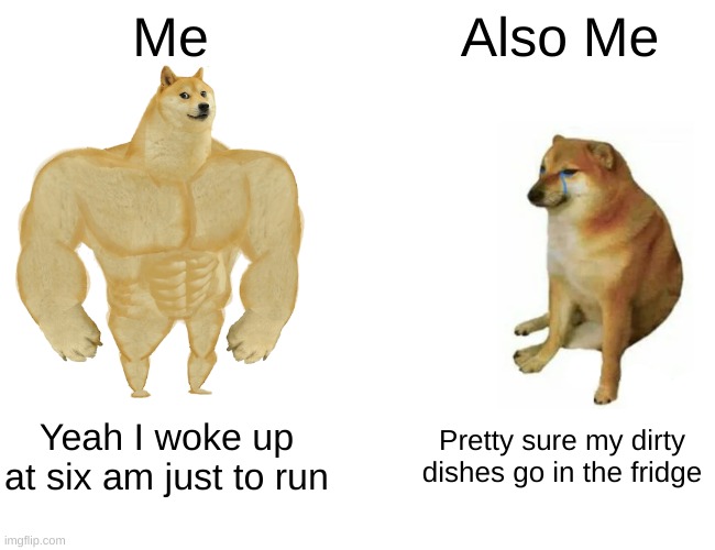 sigh | Me; Also Me; Yeah I woke up at six am just to run; Pretty sure my dirty dishes go in the fridge | image tagged in memes,buff doge vs cheems,funny memes | made w/ Imgflip meme maker