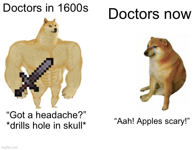 Buff Doge vs. Cheems | Doctors now; Doctors in 1600s; “Aah! Apples scary!”; “Got a headache?” *drills hole in skull* | image tagged in memes,buff doge vs cheems | made w/ Imgflip meme maker