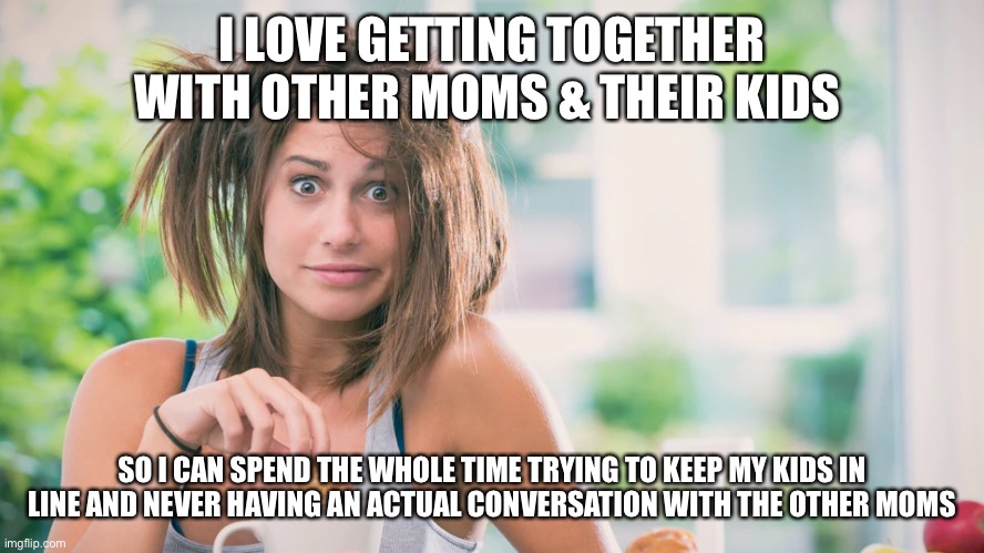 I love getting together with other moms | I LOVE GETTING TOGETHER WITH OTHER MOMS & THEIR KIDS; SO I CAN SPEND THE WHOLE TIME TRYING TO KEEP MY KIDS IN LINE AND NEVER HAVING AN ACTUAL CONVERSATION WITH THE OTHER MOMS | image tagged in moms,kids | made w/ Imgflip meme maker