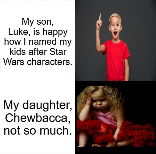 Star Wars kid names |  My son, Luke, is happy how I named my kids after Star Wars characters. My daughter, Chewbacca, not so much. | image tagged in star wars,names,dad joke | made w/ Imgflip meme maker