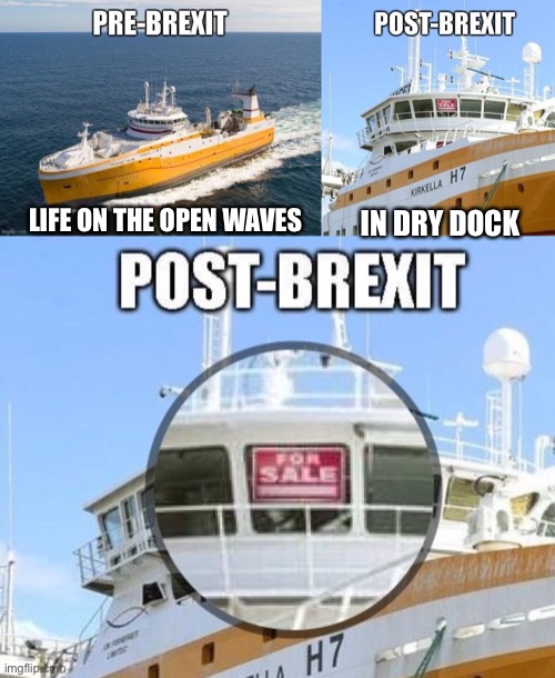 Thanks Brexit | IN DRY DOCK; LIFE ON THE OPEN WAVES | image tagged in brexit,fishing,boris johnson | made w/ Imgflip meme maker