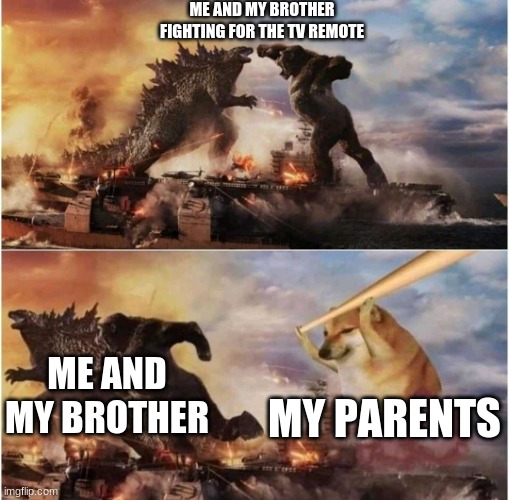 YouTube | ME AND MY BROTHER FIGHTING FOR THE TV REMOTE; ME AND MY BROTHER; MY PARENTS | image tagged in kong godzilla doge | made w/ Imgflip meme maker
