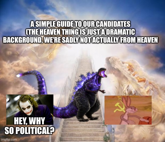 stairs to heaven | A SIMPLE GUIDE TO OUR CANDIDATES (THE HEAVEN THING IS JUST A DRAMATIC BACKGROUND, WE’RE SADLY NOT ACTUALLY FROM HEAVEN; HEY, WHY SO POLITICAL? | image tagged in stairs to heaven | made w/ Imgflip meme maker