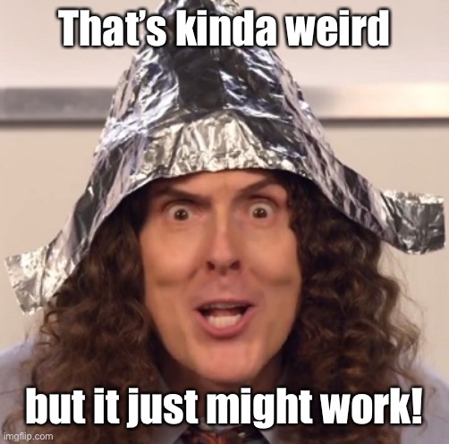 Weird al tinfoil hat | That’s kinda weird but it just might work! | image tagged in weird al tinfoil hat | made w/ Imgflip meme maker