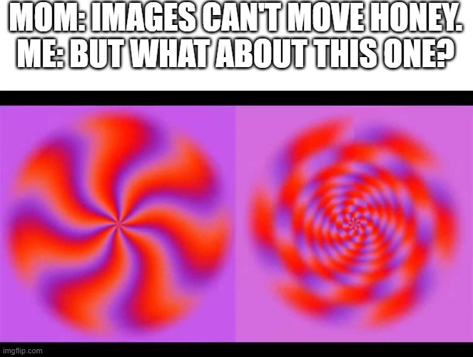 optical illusion | MOM: IMAGES CAN'T MOVE HONEY.
ME: BUT WHAT ABOUT THIS ONE? | image tagged in blank white template,optical illusion,moving | made w/ Imgflip meme maker