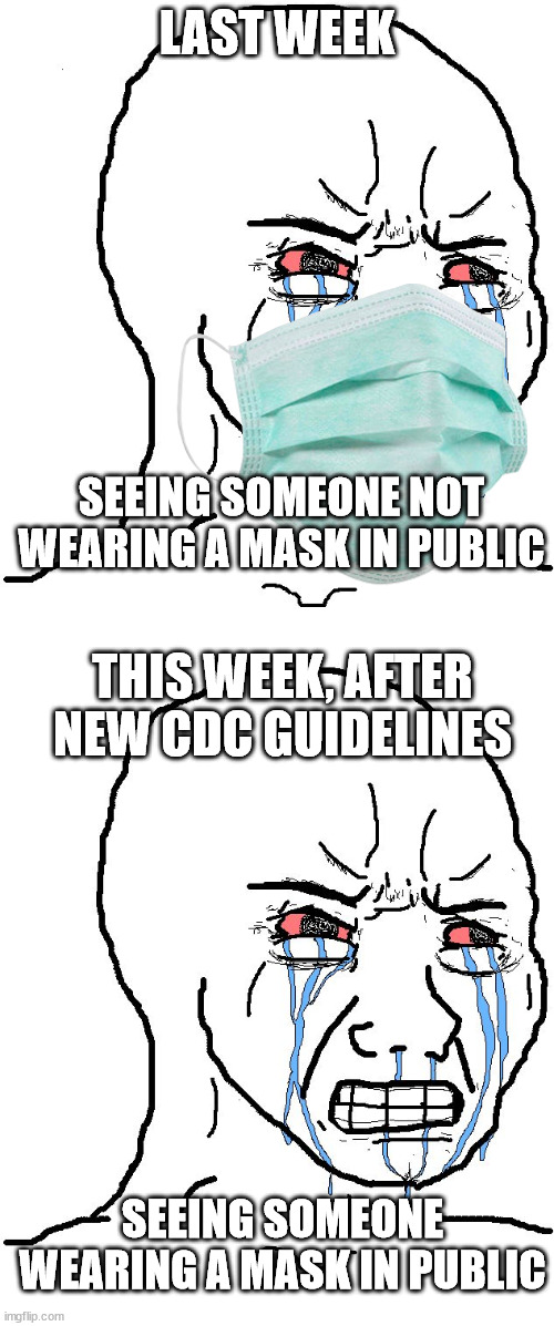 Will mask-wearers be shamed for not having received a vaccine yet? | LAST WEEK; SEEING SOMEONE NOT WEARING A MASK IN PUBLIC; THIS WEEK, AFTER NEW CDC GUIDELINES; SEEING SOMEONE WEARING A MASK IN PUBLIC | image tagged in crying npc | made w/ Imgflip meme maker