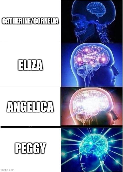 i might make a peggy cult just you wait | CATHERINE/CORNELIA; ELIZA; ANGELICA; PEGGY | image tagged in memes,expanding brain | made w/ Imgflip meme maker
