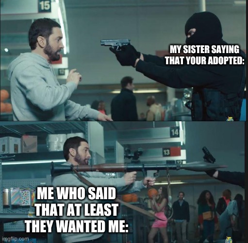 yes | MY SISTER SAYING THAT YOUR ADOPTED:; ME WHO SAID THAT AT LEAST THEY WANTED ME: | image tagged in eminem rocket launcher | made w/ Imgflip meme maker
