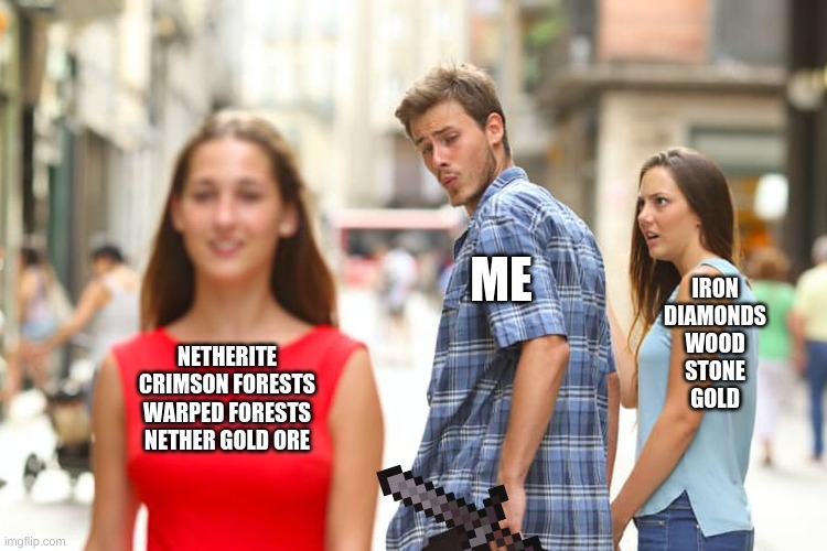 updates are great | ME; IRON
DIAMONDS
WOOD
STONE
GOLD; NETHERITE
CRIMSON FORESTS
WARPED FORESTS
NETHER GOLD ORE | image tagged in memes,distracted boyfriend,minecraft | made w/ Imgflip meme maker