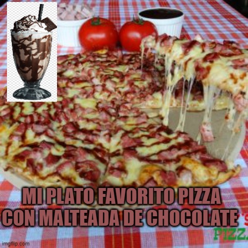 pizza | MI PLATO FAVORITO PIZZA CON MALTEADA DE CHOCOLATE | image tagged in pizza | made w/ Imgflip meme maker