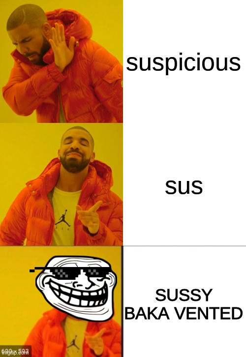 sus drake | suspicious; sus; SUSSY BAKA VENTED | image tagged in memes,drake hotline bling,among us | made w/ Imgflip meme maker