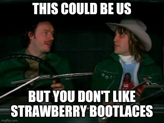 CouldBeBoosh | THIS COULD BE US; BUT YOU DON'T LIKE STRAWBERRY BOOTLACES | image tagged in the mighty boosh,strawberry bootlaces | made w/ Imgflip meme maker