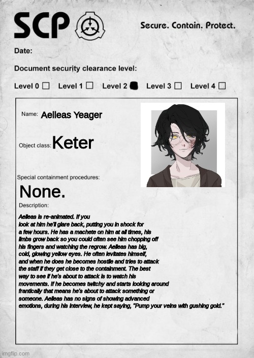 SCP document | Aelleas Yeager; Keter; None. Aelleas is re-animated. If you look at him he'll glare back, putting you in shock for a few hours. He has a machete on him at all times, his limbs grow back so you could often see him chopping off his fingers and watching the regrow. Aelleas has big, cold, glowing yellow eyes. He often levitates himself, and when he does he becomes hostile and tries to attack the staff if they get close to the containment. The best way to see if he's about to attack is to watch his movements. If he becomes twitchy and starts looking around frantically that means he's about to attack something or someone. Aelleas has no signs of showing advanced emotions, during his interview, he kept saying, "Pump your veins with gushing gold." | image tagged in scp document | made w/ Imgflip meme maker