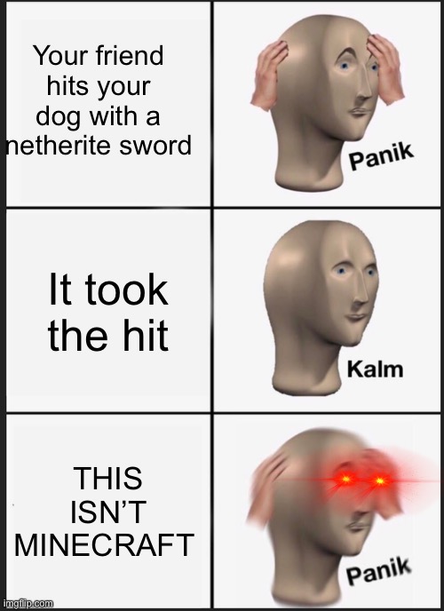 Panik Kalm Panik | Your friend hits your dog with a netherite sword; It took the hit; THIS ISN’T MINECRAFT | image tagged in memes,panik kalm panik | made w/ Imgflip meme maker