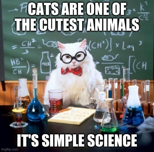 It's simple science guys | CATS ARE ONE OF THE CUTEST ANIMALS; IT'S SIMPLE SCIENCE | image tagged in memes,chemistry cat,cats,meow,i am smort,science | made w/ Imgflip meme maker