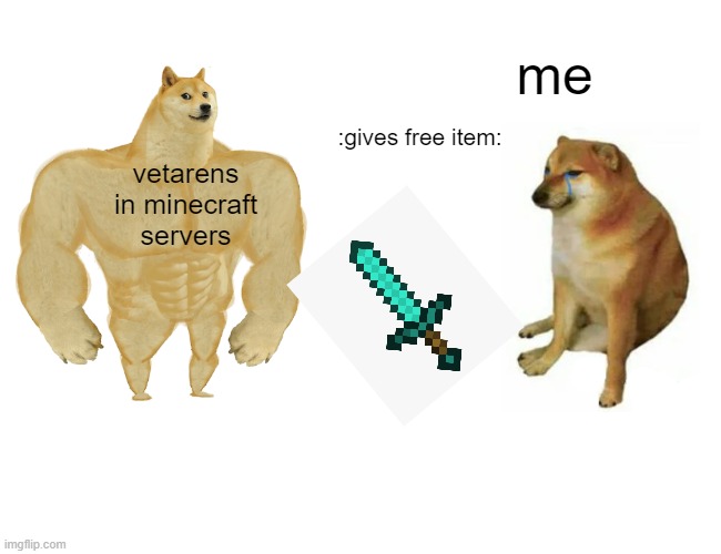 Buff Doge vs. Cheems | me; :gives free item:; vetarens
in minecraft
servers | image tagged in memes,buff doge vs cheems | made w/ Imgflip meme maker