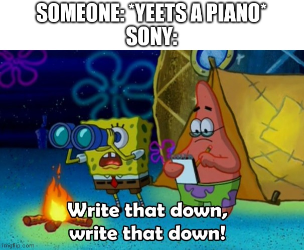 PS2 intro | SOMEONE: *YEETS A PIANO*
SONY: | image tagged in write that down | made w/ Imgflip meme maker