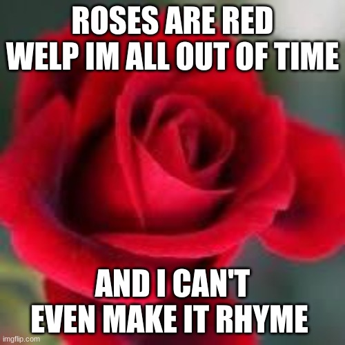 for 60000 pint here is a meme i had to make in 30 secs with no before thought | ROSES ARE RED WELP IM ALL OUT OF TIME; AND I CAN'T EVEN MAKE IT RHYME | image tagged in roses are red | made w/ Imgflip meme maker