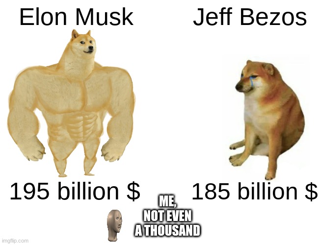 Me, not even a thousand | Elon Musk; Jeff Bezos; 195 billion $; 185 billion $; ME, NOT EVEN A THOUSAND | image tagged in memes,buff doge vs cheems,me,money,elon musk,jeff bezos | made w/ Imgflip meme maker