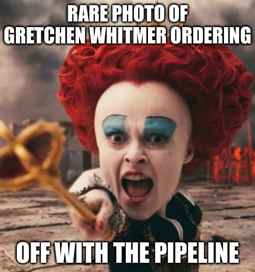 Who keeps electing these fools? | RARE PHOTO OF GRETCHEN WHITMER ORDERING; OFF WITH THE PIPELINE | image tagged in michigan,whitmer,pipeline | made w/ Imgflip meme maker