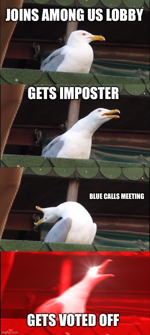 Inhaling Seagull | JOINS AMONG US LOBBY; GETS IMPOSTER; BLUE CALLS MEETING; GETS VOTED OFF | image tagged in memes,inhaling seagull | made w/ Imgflip meme maker