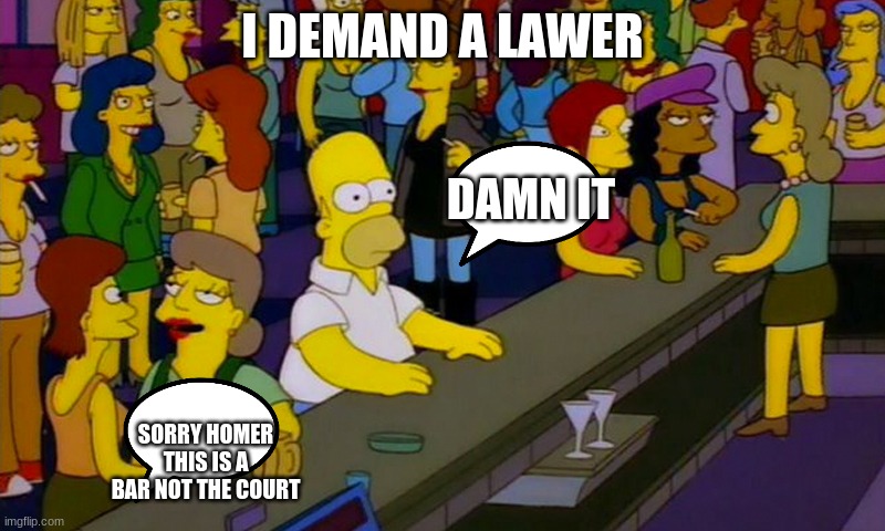 Homer Simpsons in bar | I DEMAND A LAWER; DAMN IT; SORRY HOMER THIS IS A BAR NOT THE COURT | image tagged in homer simpsons in bar | made w/ Imgflip meme maker