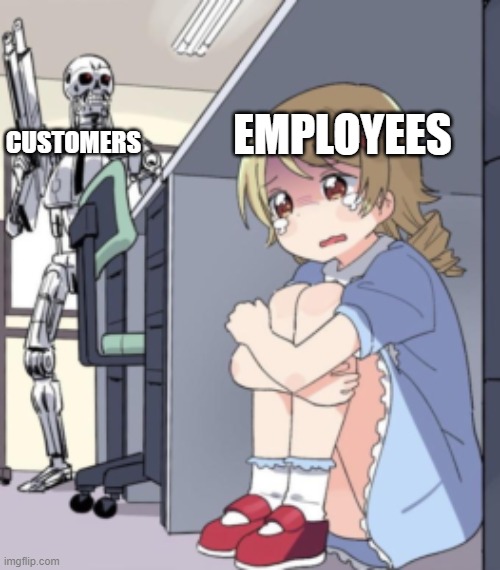 POV: It's black Friday | EMPLOYEES; CUSTOMERS | image tagged in scared anime girl | made w/ Imgflip meme maker