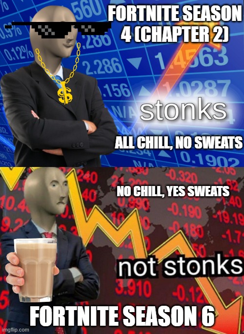 Sweats coming back :( | FORTNITE SEASON 4 (CHAPTER 2); ALL CHILL, NO SWEATS; NO CHILL, YES SWEATS; FORTNITE SEASON 6 | image tagged in stonks not stonks | made w/ Imgflip meme maker