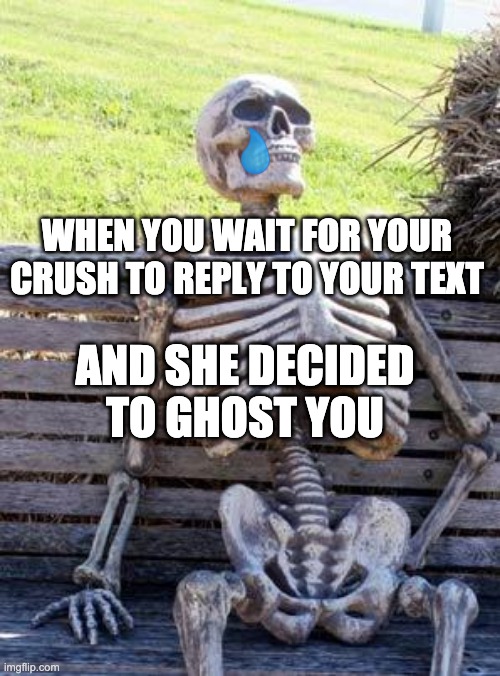 Waiting Skeleton | WHEN YOU WAIT FOR YOUR CRUSH TO REPLY TO YOUR TEXT; AND SHE DECIDED TO GHOST YOU | image tagged in memes,waiting skeleton | made w/ Imgflip meme maker