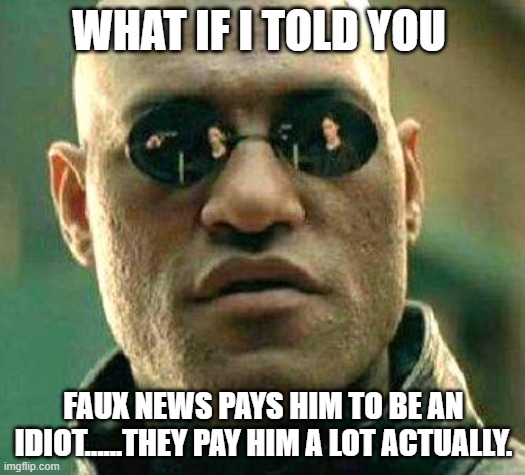 What if i told you | WHAT IF I TOLD YOU FAUX NEWS PAYS HIM TO BE AN IDIOT......THEY PAY HIM A LOT ACTUALLY. | image tagged in what if i told you | made w/ Imgflip meme maker